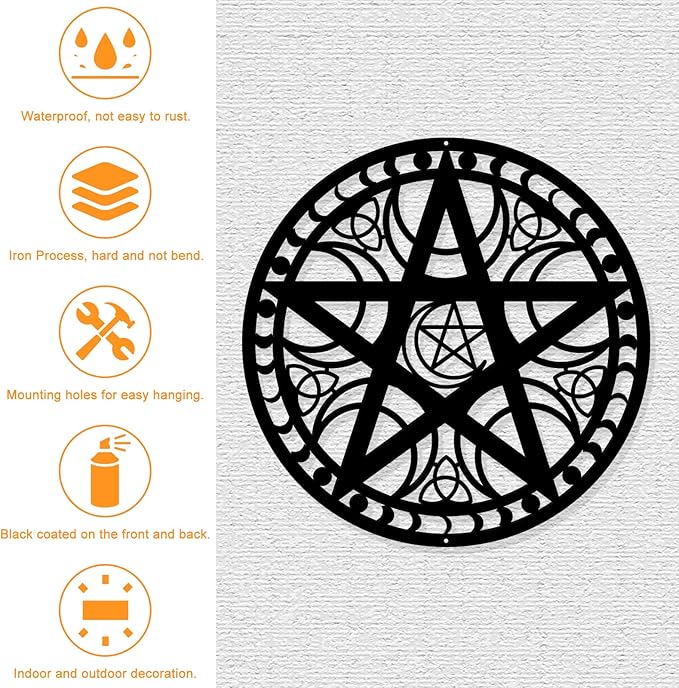 NBEADS Triple Moon Wall Art, 11.8" Black Metal Wall Hanging Decor Pentagram Silhouette Wall Art Wiccan Decor for Bedroom Living Room Office Kitchen Christmas Wall Decoration