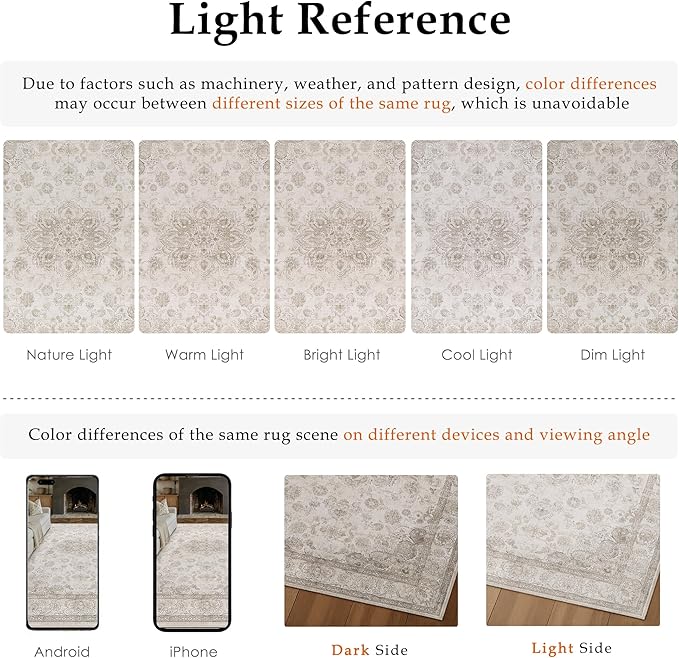 PureCozy Beige Area Rug 9x12 Washable Vintage Living Room Bedroom Carpet Non Slip Soft Low Pile Distressed Medallion Indoor Floor Retro Throw Large Rug for Dining Room Office