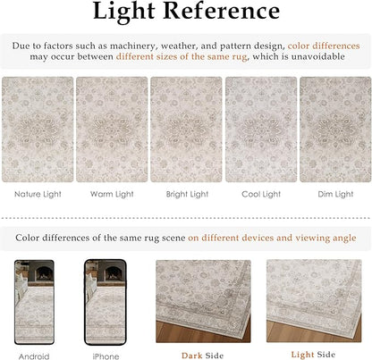 PureCozy Beige Area Rug 3x5 Washable Vintage Entryway Office Carpet Non Slip Soft Low Pile Distressed Medallion Door Mat Indoor Retro Accent Throw Rug for Bathroom Kitchen Bedroom Dining Room