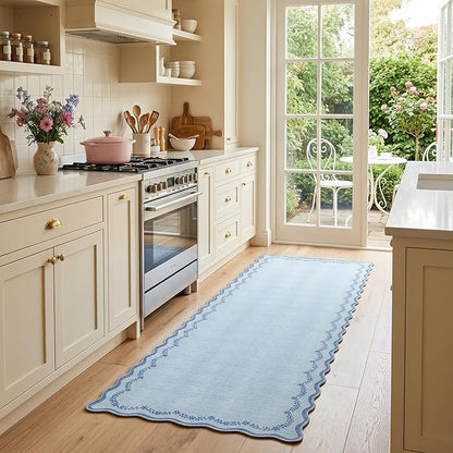GarveeHome 2.5x8 Scalloped Washable Runner Rug for Kitchen, Soft Blue Long Hallway Runner Non Slip Entryway Rug Farmhouse Thin Laundry Mat Stain Resistant Carpet for Bathroom Beside Rug