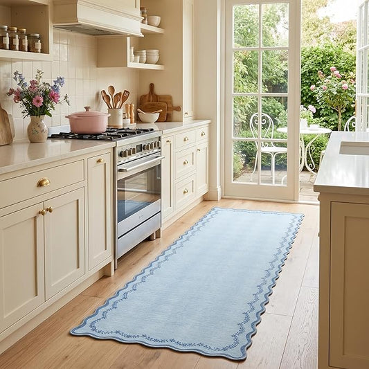 GarveeHome 2.5x8 Scalloped Washable Runner Rug for Kitchen, Soft Blue Long Hallway Runner Non Slip Entryway Rug Farmhouse Thin Laundry Mat Stain Resistant Carpet for Bathroom Beside Rug