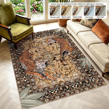 Tiger Washable Area Rugs for Living Room 4x6Ft, Boho Jungle Bedroom Rugs, Thin Botanical Entryway Nursery Area Floor Carpets for Dorm Dining Room Kids Playroom Study Farmhouse, Camel/Coffee