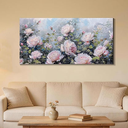 Enartly Pink Flower Wall Art Large Living Room Bedroom Wall Decor Rose Canvas Painting Floral Picture Bloosom Textured Green Modern Artwork Framed for Bathroom Kitchen Home Office Decoration, 58"x29"