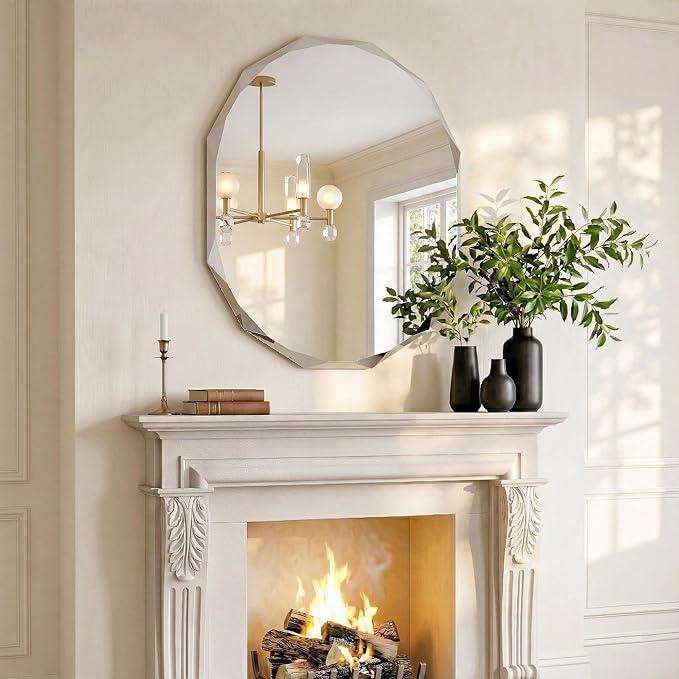36x30 Large Capsule Vanity Mirror for Wide Sink, Luxury Diamond-Faceted Wall Mirror, Frameless Oblong Mirror for Mantle, Horizontal/Vertical
