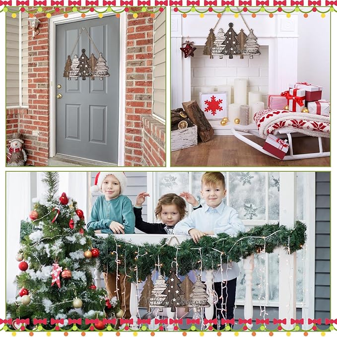 Soaoo Rustic Christmas Door Sign Decor Neutral Wooden Farmhouse Christmas Tree Hanging Sign Nature Vintage Xmas Front Door Decor Wood Welcome Hanger for Home Wall Indoor Outdoor Decoration
