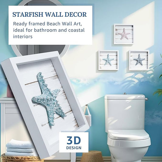 Tide and Tales 3D Starfish Wall Art (Framed Set of 3) Coastal Theme Wall Hanging Decoration for Bathroom or Tropical Bedroom, Ocean Inspired Seashell Decor for Home or Beach House (7"x 7")