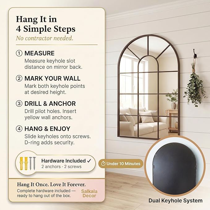 48x28Inch Arched Window Pane Mirror| Black Arched Mirrors for Wall & Floor | Arch Mirror Full Length for Entryway Living Room & Bedroom | Oversized Mirrors | Wall Art Decorative |Farmhouse Décor