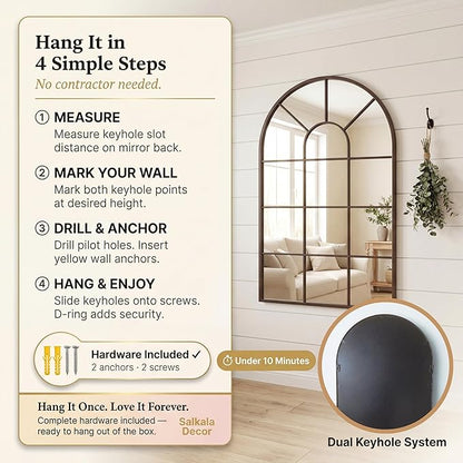 48x28Inch Arched Window Pane Mirror| Black Arched Mirrors for Wall & Floor | Arch Mirror Full Length for Entryway Living Room & Bedroom | Oversized Mirrors | Wall Art Decorative |Farmhouse Décor