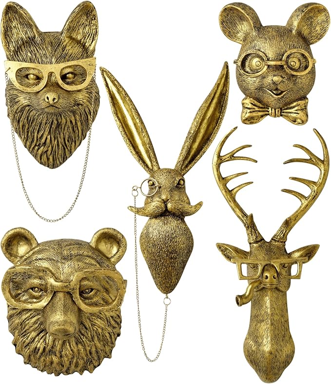 montresor 5 PCS Animals Head Wall Art Sculptures 17 inchs Gold Office Vintage 3D Wall Decor Art for Whimsigoth Home Wall Decor Lightweight Material Accent Wall Hanging Room Decor Maximalist Decor