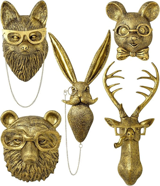 montresor 5 PCS Animals Head Wall Art Sculptures 17 inchs Gold Office Vintage 3D Wall Decor Art for Whimsigoth Home Wall Decor Lightweight Material Accent Wall Hanging Room Decor Maximalist Decor