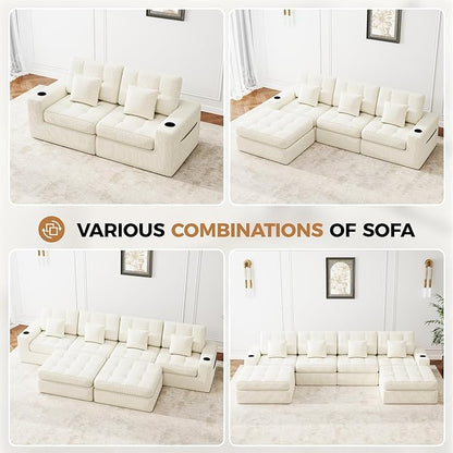 144" U Shaped Cloud Boneless Couch,Modern Modular Sectional Sofa with Layered Cushion,No Assembly Convertible Corduroy Couches for Living Room,Beige 1 PCS