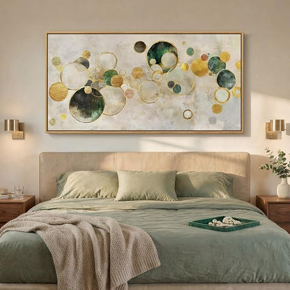 Extra Large Framed Abstract Wall Art for Living Room, Oversized Horizontal Green Canvas Prints Paintings Artwork for Walls, Modern Gold Circle Pictures Wall Decor for Bedroom Dining Office, 36x72 In