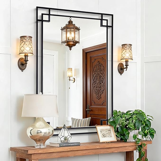 Chende 32''x47'' Large Black Mirror for Wall with Metal Frame, Modern Rectangular Decorative Mirror for Bathroom, Fireplace, Sofa, Horizontal/Vertical Hanging