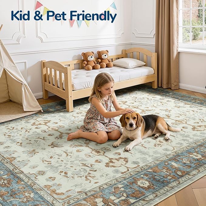 Lessymo Washable Area Rug for Living Room,8x10 Large Rugs with Non-Slip Backing,Soft Boho Carpets for Bedroom Dining Room Nursery Home Office,Light Brow
