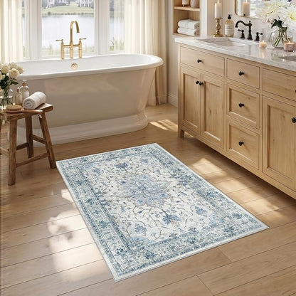 RELEANY Area Rugs 2'6"x4' Kitchen Rugs Entry Rug Small Rugs for Entryway Kitchen Bathroom Door Mat Indoor Entrance,Washable Non Slip, Light Blue Navy Beige Gray White