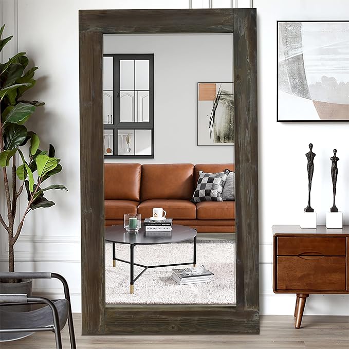 NeuType Floor Mirror Full Length, 71x32in Rustic Wood Frame Full Body Dressing Mirror, Wall-Mounted or Leaning Against Wall Standing Mirror, Farmhouse Decor for Bedroom Living Room,Retro Brown