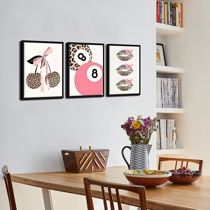 raiqtols Trendy Pink Leopard Bow Wall Art Prints Set of 3 – Funky Cherry and Lucky 8 Ball Posters, Coquette Preppy Aesthetic Pictures for Girls Bedroom Apartment Dorm Room Wall Decor – 16x24in