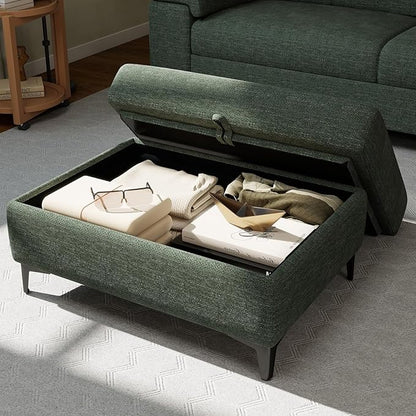 Upvilla 35" Large Storage Ottoman for Living Room, 7.8" Deep Seat Rectangular Ottoman Foot Rest for Couch, Chenille Storage Footstool Load 350 lb （Green）