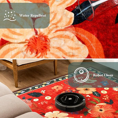 Macgace 2x6 Floral Runner Rug, Flowers Printed Washable Rugs with Non Slip Backing for Girls Bedroom Kitchen Hallway,Cute Carpet Runners Home Aesthetic Decor, Christmas Red