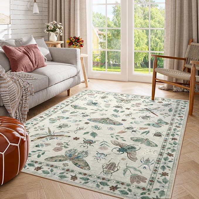 Lahome Insect Print Washable Area Rugs 5x7, Soft Rugs for Living Room Ultra-Thin Non-Shedding Modern Bedroom Rug, Throw Rug Large Carpet for Dining Room Nursery Vionnet(5'x7',Beige)
