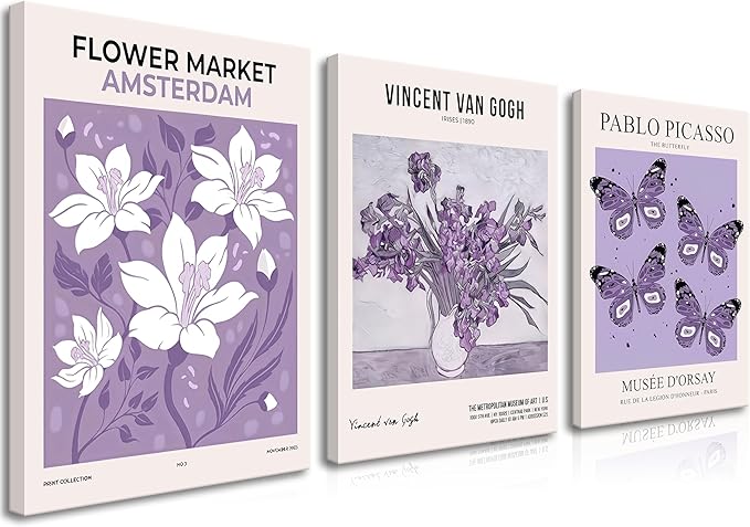 Van Gogh Canvas Wall Art Set of 3, Purple Lavender Flower Market Wall Decor Paintings, Picasso Butterfly Aesthetic Posters Prints Room Decor for Teen Girls Dorm Bedroom Bathroom 12x16In Framed