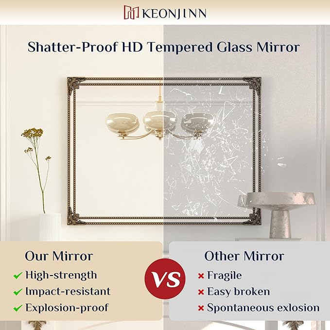 Keonjinn Brass Vintage Mirror for Wall, 40" x 30" Antique Gold Mirrors with Metal Frame, Baroque Style Decoration for Mantle, Bathroom, Living Room, Fireplace, Bedroom, HD Shatterproof Glass