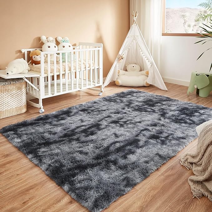 Floralux Shag Rug 5x7 for Living Room, Tie-Dyed Dark Grey, Soft Fluffy Area Rug, High-Pile Plush Indoor Carpets for Bedroom, Playroom, Nursery