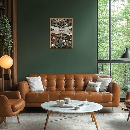 Framed Vintage Canvas Wall Art Dark Green Dragonfly Flower Pictures Wall Decor Boho Floral Botanical Prints Nature Artwork Paintings for Living Room Bedroom Bathroom 16x24in