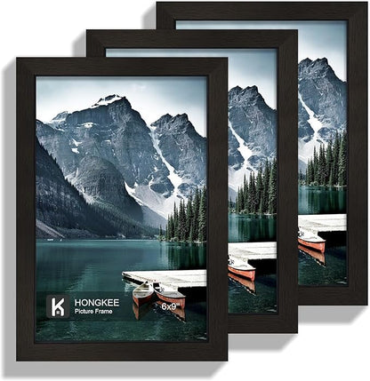 Hongkee 6x9 Picture Frame - Made of Real Glass and Black Wooden Frame, 6 by 9 Photo for Wall or Tabletop Display, 3 Pack