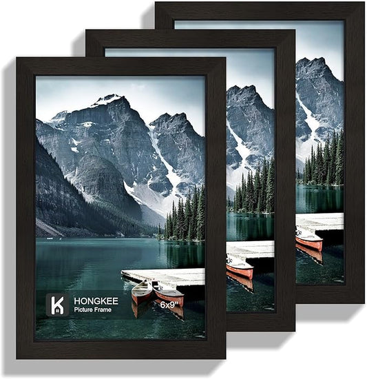 Hongkee 6x9 Picture Frame - Made of Real Glass and Black Wooden Frame, 6 by 9 Photo for Wall or Tabletop Display, 3 Pack