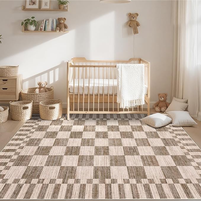 GarveeHome Brown Checkered Rug 4×6 Area Rugs for Living Room，Non-Slip Washable Rug Soft Low-Pile, Neutral Modern Farmhouse Geometric Rugs for Bedroom Dining Room Office