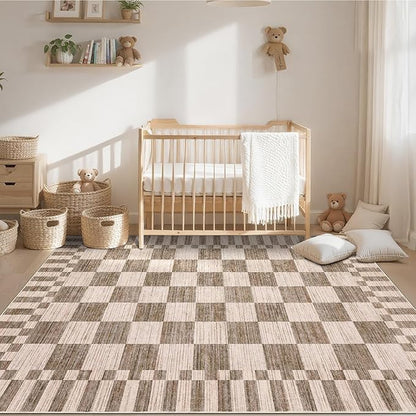 GarveeHome Brown Checkered Rug,Washable 3x5 Rug Geometric Tan Brown Print Non Slip for Entryway,Modern Soft Low-Pile,Neutral Farmhouse Checkerboard Rug,Small Area Rugs for Bedroom Kitchen Dining Room