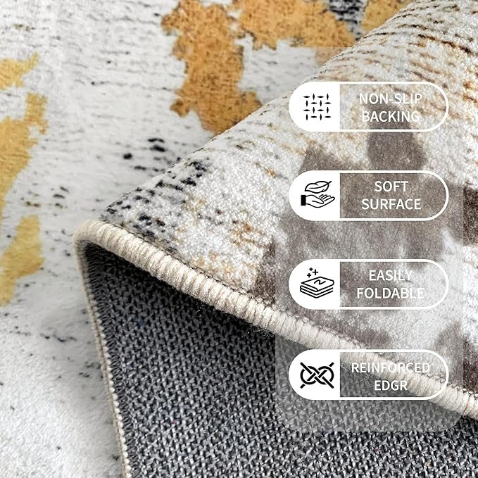 Washable 9x12 Area Rug: Modern Large Rugs for Living Room Dining Room Bedroom Office Indoor - Non-Slip Carpet Home Decor - Orange Gold Grey