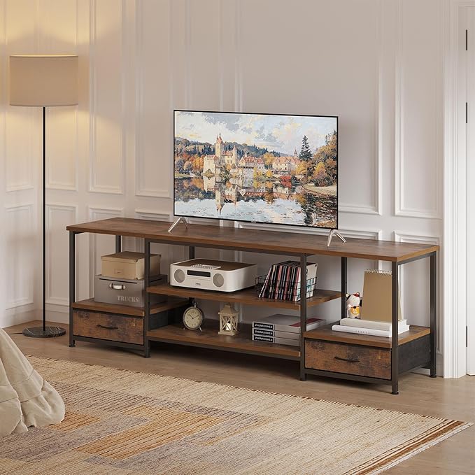 DUMOS 63 inch TV Stand, Entertainment Center with Charging Station (2AC+USB+Type-C), Media Console Table with Storage Drawers & Open Shelves, Heavy Duty Frame for Living Room, Rustic Brown
