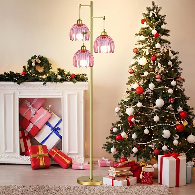 AHDWDW Gold Floor Lamp for Living Room Bedroom,3 Lights Vintage Tree Floor Lamps with Pink Glass Flower Shade,Mid Century Modern Floor Lamp for Corner Office,68IN Unique Tall Standing Lamp with Bulb