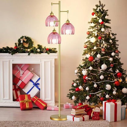 AHDWDW Gold Floor Lamp for Living Room Bedroom,3 Lights Vintage Tree Floor Lamps with Pink Glass Flower Shade,Mid Century Modern Floor Lamp for Corner Office,68IN Unique Tall Standing Lamp with Bulb