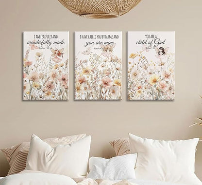 3Pcs Christian Nursery Canvas Wall Art Wildflower Bible Verse Painting Vintage Flower Scripture Pictures Wall Decor Butterfly Girl Floral Posters Prints for Girls Baby Room Living Bedroom Framed