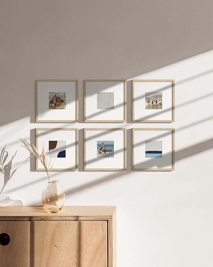 HAUS AND HUES Beige Oak Wood 8x8 Picture Frames - Set of 6, Square Frames with Mat, Minimalist Frames for Photos (8x8 in, Beige, Set of 6)