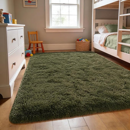 Andecor Shag Area Rug for Living Room, 6x9 Feet Olive Green Soft Fluffy Indoor Plush Throw Rugs for Bedroom Girls Kids Room Nursery Dorm Home Decor Carpet