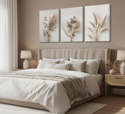 3Pcs Beige Neutral Floral Botanical Canvas Wall Art Modern Minimalist Beige Flower Plant Painting Wall Decor Poster Print Artwork for Living Room Bedroom Bathroom Home Decortion