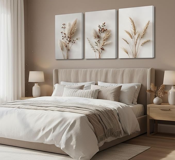 3Pcs Beige Neutral Floral Botanical Canvas Wall Art Modern Minimalist Beige Flower Plant Painting Wall Decor Poster Print Artwork for Living Room Bedroom Bathroom Home Decortion