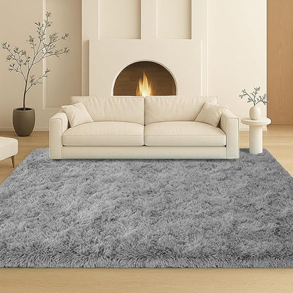 8x10 Area Rugs Living Room, Gray Plush Fluffy Bedroom Rugs, Non-Slip Upgraded Indoor Thick Soft Rug, Modern Plush Carpet Suitable for Kids Home Decor Aesthetics Dorm.