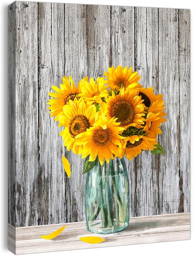 Canvas Sunflower Wall Art - Modern Yellow Flower Pictures for Bedroom, Bathroom, Office & Home Decor - Framed Artwork Size 12x16