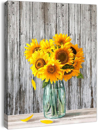 Canvas Sunflower Wall Art - Modern Yellow Flower Pictures for Bedroom, Bathroom, Office & Home Decor - Framed Artwork Size 12x16