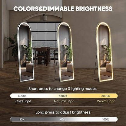 16"×60" Arched LED Full Length Mirror with Stand, Full Body Wall-Mount Mirror with LED Lights 3 Color Lighting, Hanging or Leaning, Floor Standing, Modern Simple Home Wall Decor