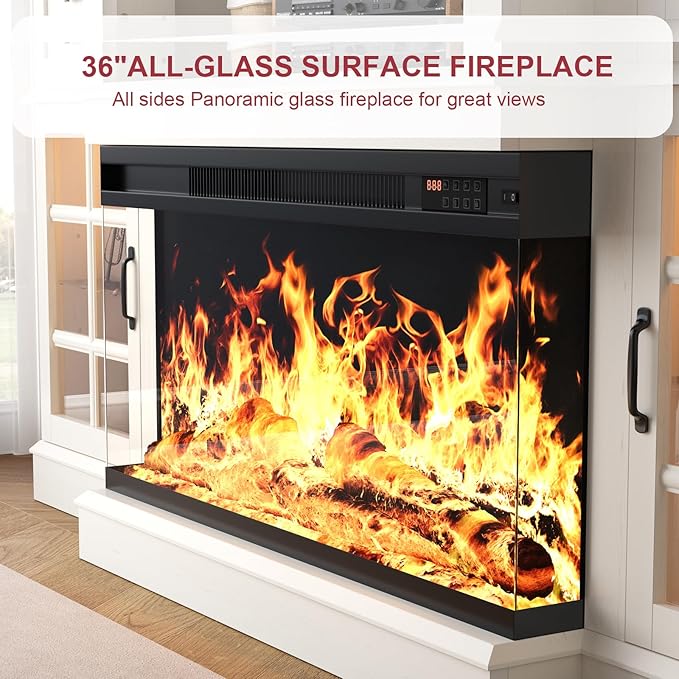 70" TV Stand with 36" Electric Fireplace, Entertainment Center Console Table for TV up to 80'', Fireplace TV Stand with Open Storage Shelves and Glass Door for Living Room, White