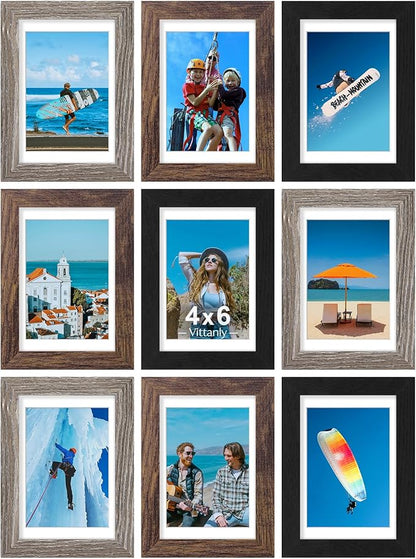 Vittanly 4x6 Picture Frames Set of 9, Display 3.5x5 Pictures with Mat or 4x6 without Mat, Photo Frames for Wall or Tabletop with Plexiglass, Engineered Wood, Black&Brown&Dark Grey