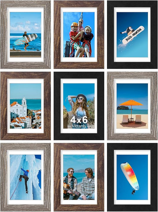 Vittanly 4x6 Picture Frames Set of 9, Display 3.5x5 Pictures with Mat or 4x6 without Mat, Photo Frames for Wall or Tabletop with Plexiglass, Engineered Wood, Black&Brown&Dark Grey