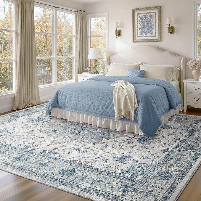 RELEANY Area Rugs 10'x14' Washable Non-Slip, Floral Vintage Distress Print Pattern Medallion Carpet for Living Room Bedroom Dining Room, Light Blue Navy Beige Gray White