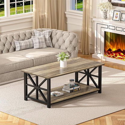 GreenForest Coffee Table for Living Room with Round Corners Farmhouse Style Center Table with Storage Shelf 39 Inch Space Saving Easy Assembly Gray Wash | for Living Room